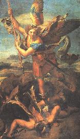 Saint Michael with sword ready to thrust it through one of Satan's angels.