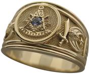 Past Master ring with 32nd degree double headed eagle SRSJ and the crescent & scimitar of the Shrine shown with an optional American Montana mined blue sapphire instead of the Sun (standard)..