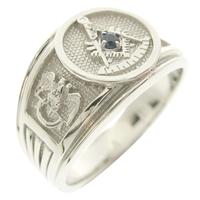 14k white gold Masonic Past Master ring with Scottish Rite 32nd and Knights Templar cross & crown emblems and a genuine blue sapphire center stone.