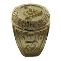 Custom collegiate style Masonic ring in 14k yellow gold with Scottish Rite 32