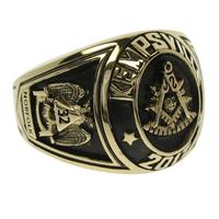 Custom 14k gold collegiate style Masonic Past Master ring with deep black antique finish