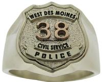 Custom West Des Moines IA Police Officer badge ring in two tone white & rose gold