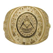 Custom Past Grand Master's ring, Prince Hall, Washington, in 14k yellow gold with raised letter and sculpted details.