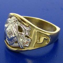 Two tone 14k yellow and white gold 32nd degree Scottish Rite Mason's ring with square and compass and letter G, 32, and Yod