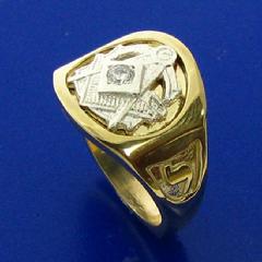 Two tone 14k yellow and white gold 32nd degree Scottish Rite Mason's ring with square and compass with the letter G, 32, and Yod