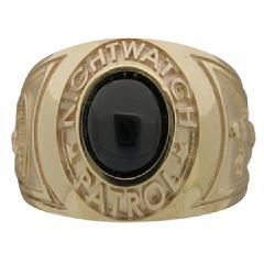 Custom Nightwatch Patrol ring in 10k yellow gold with deep blue cabochon cut center stone.