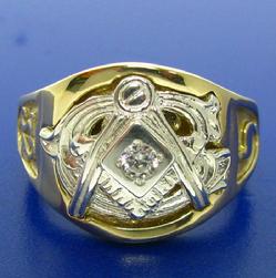 Two tone 14k yellow and white gold man's 32nd degree Scottish Rite Mason's ring with .10 ct. diamond, square and compass with letter G