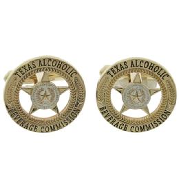 Custom Texas Alcoholic Beverage Commission cuff links in 10k yellow gold with enamel highlights.