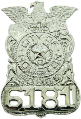RHODIUM PLATE HOUSTON POLICE DEPARTMENT HAT BADGE WITH CUSTOM BADGE NUMBER
