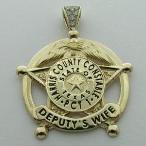 Custom 14k yellow gold Harris County Precinct 1 Deputy Constable's mini-badge pendant with optional 7-diamond bead set bail