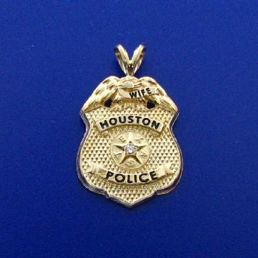 14k yellow gold Houston Police Supervisor custom mini-badge pendant with diamond and rabbit ear bail