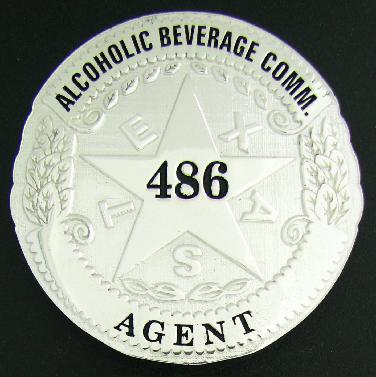 sterling silver custom round Texas Alcoholic Beverage Commission TABC badge with pin & catch attachment and black text