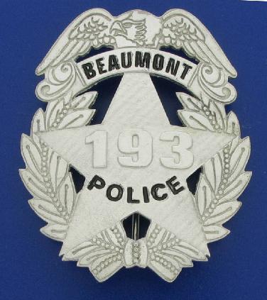 Beaumont Texas Police badge sterling silver full size black lettering embossed raised badge number